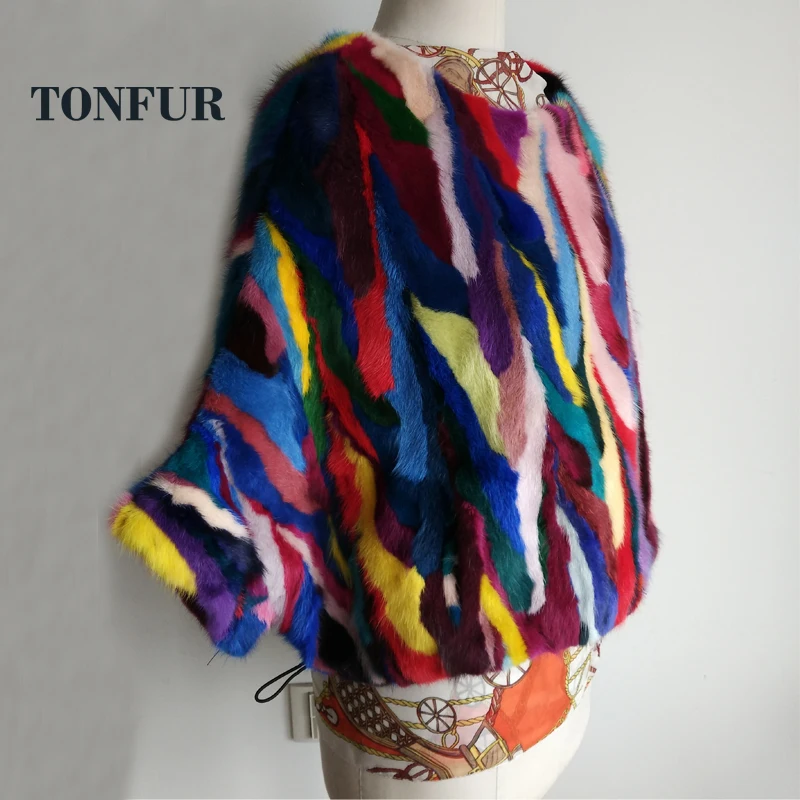 В стиле пэчворк Мульти Смесь цветов шуба из натуральной норки Bat дизайн настоящие