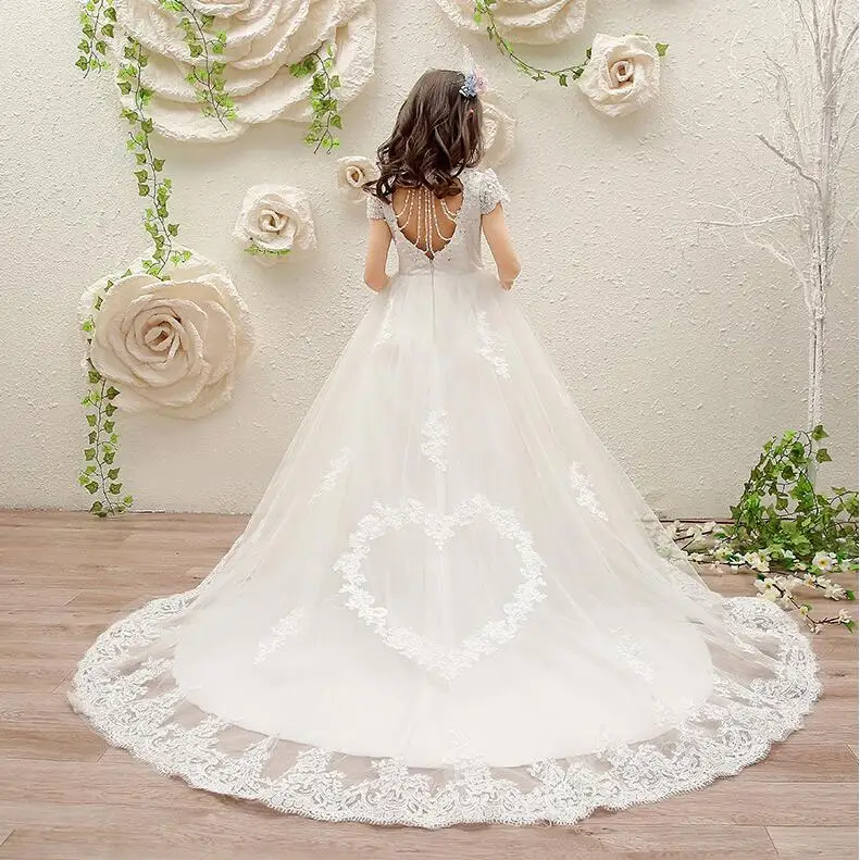 Girls White Wedding Dress Party Birthday Love Pattern Backless Clothing Kids Long Trailing for 3-12 years | Детская одежда и обувь