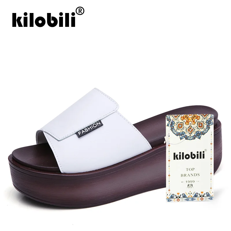 Kilobili/2019 г. летние женские шлепанцы обувь из натуральной кожи на среднем каблуке