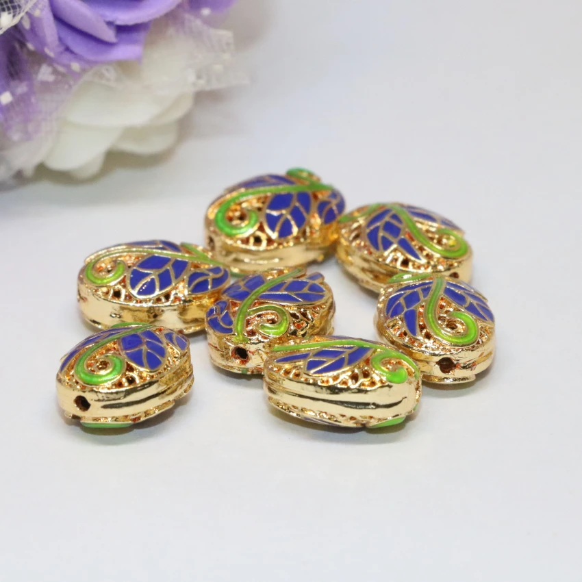 

Hot sale gold-color oval shape cloisonne accessories spacers beads 10*13mm carved flower new fashion jewelry 5pcs B2395