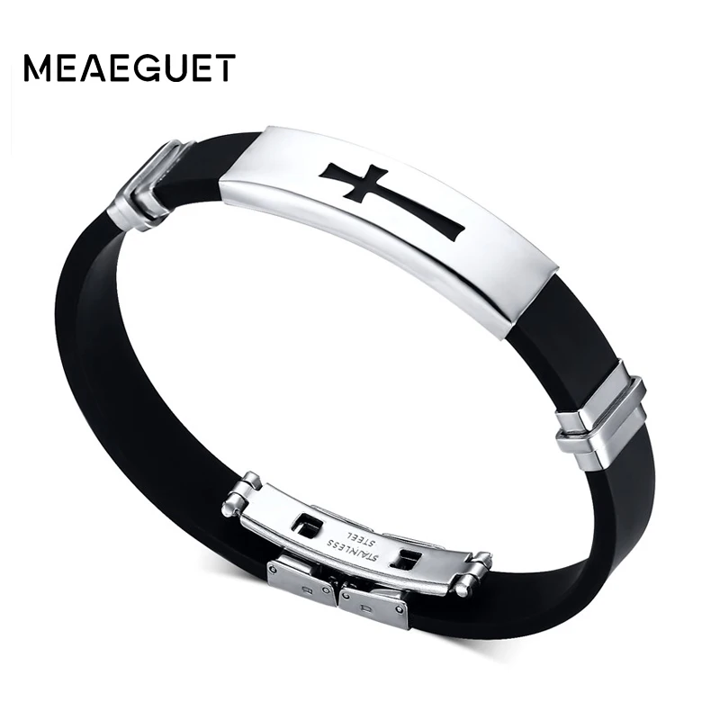 Meaeguet ювелирные изделия классический браслет из нержавеющей стали крест для мужчин простой религиозный черный резиновый шарм браслеты Пружинная Застежка
