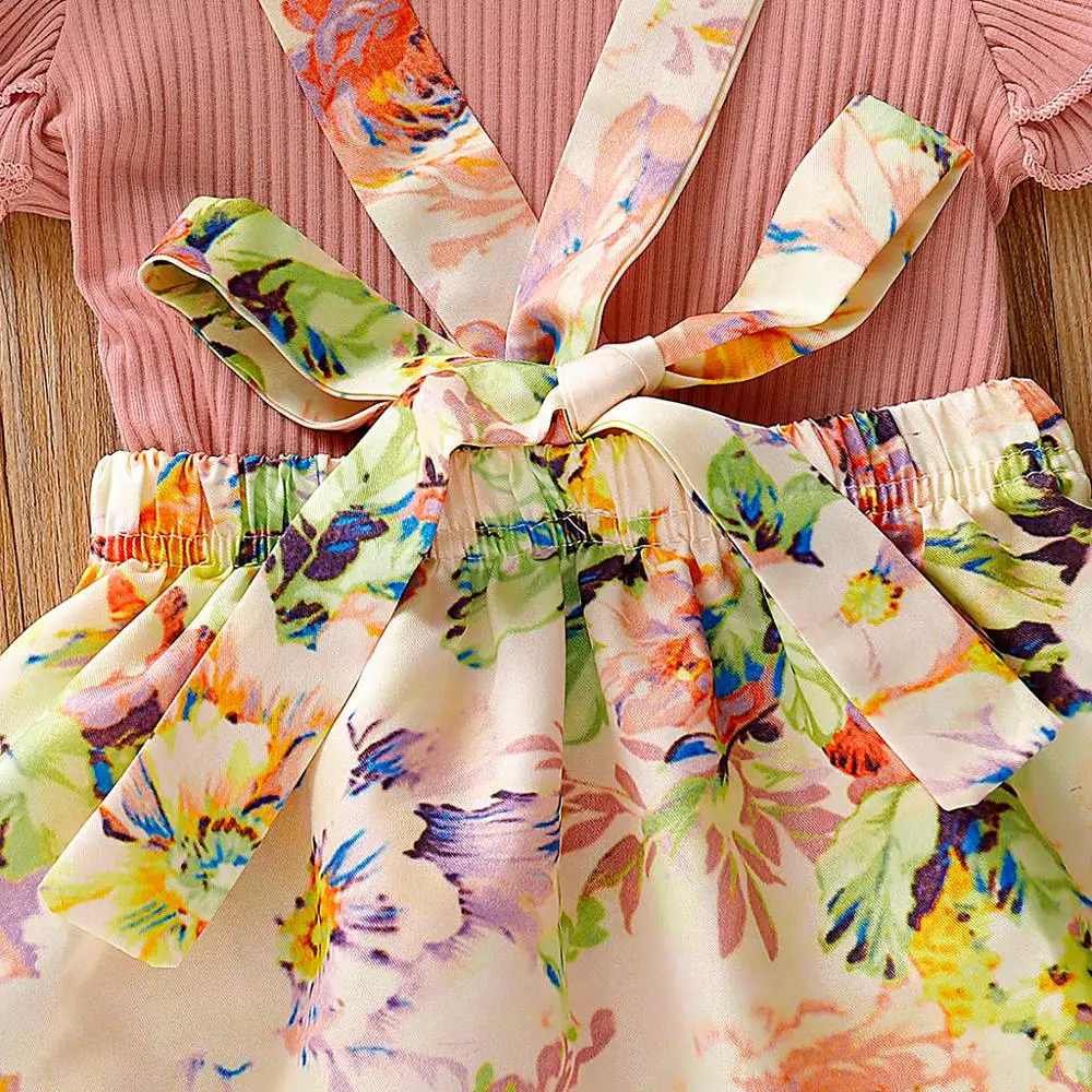 Комплект одежды для девочек розовая рубашка и юбка с цветочным принтом бантом