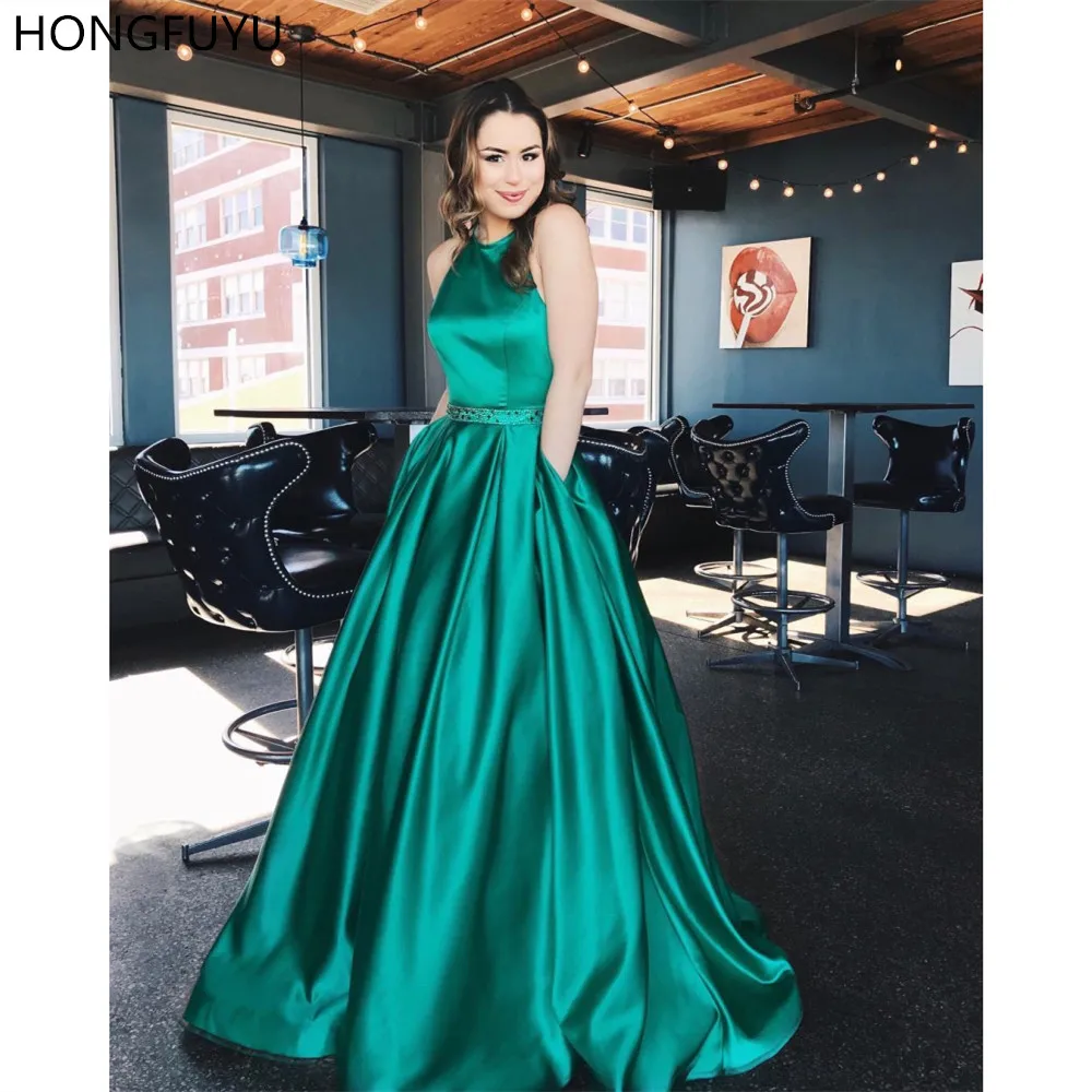 HONGFUYU Elegant Satin Halter Ball Gown Prom Dresses Long Beaded Belt Formal Occasion Gowns Party with Pockets Evening | Свадьбы и