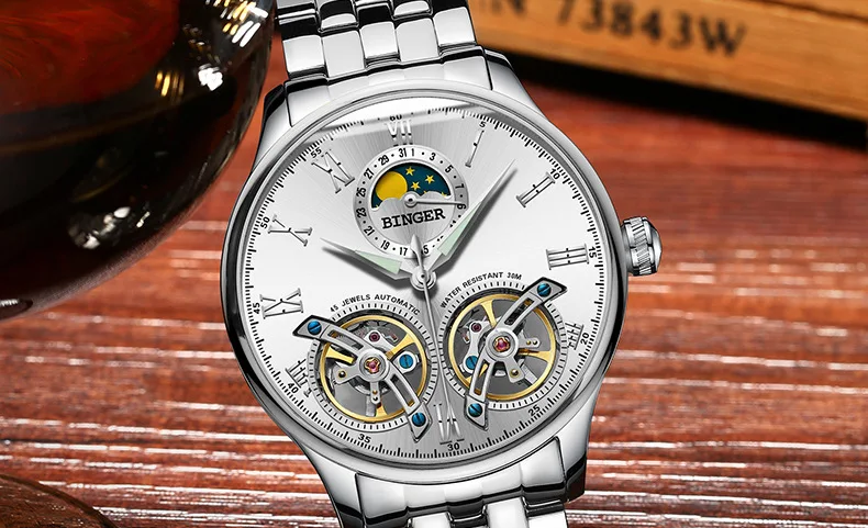Карнавал бренд для мужчин смотреть двойной Tourbillon механические полые мужские наручные часы Moon Phase календари световой обувь для мальчико