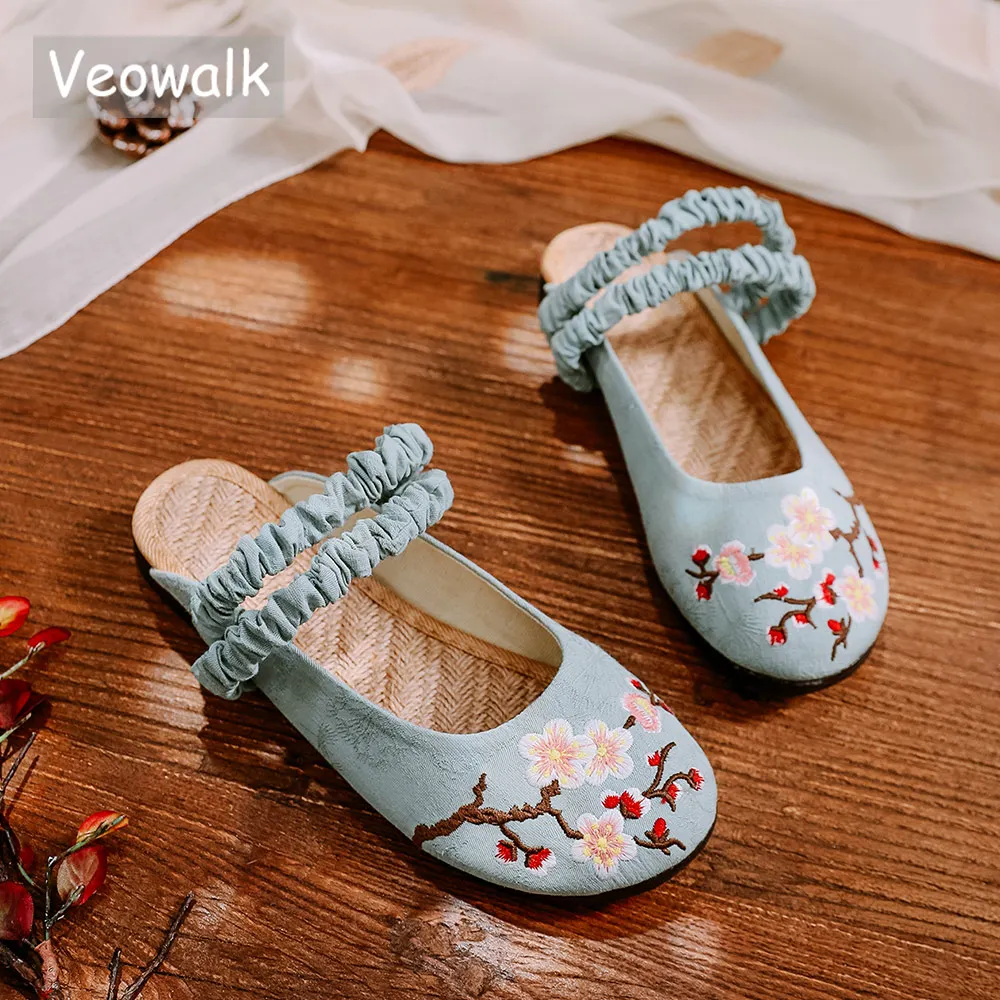 Veowalk/Женская хлопковая ткань с вышивкой ручной работы; тапочки без задника с эластичным ремешком; летние женские мягкие удобные шлепанцы на плоской подошве