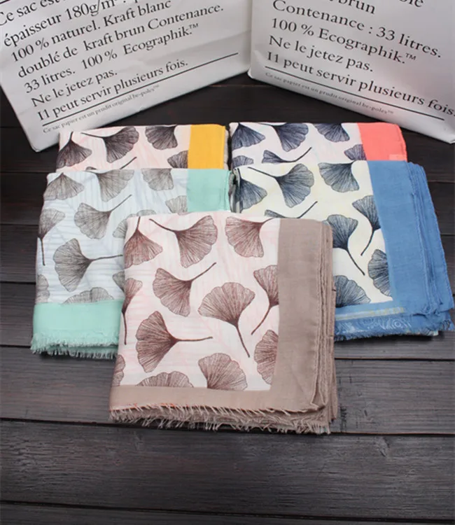 2018 Новейший женский шарф-шаль с принтом листьев гинкго и бахромой, хлопковый, листья хиджаб мафлер, оптовая продажа 10 шт./лот, бесплатная доставка.