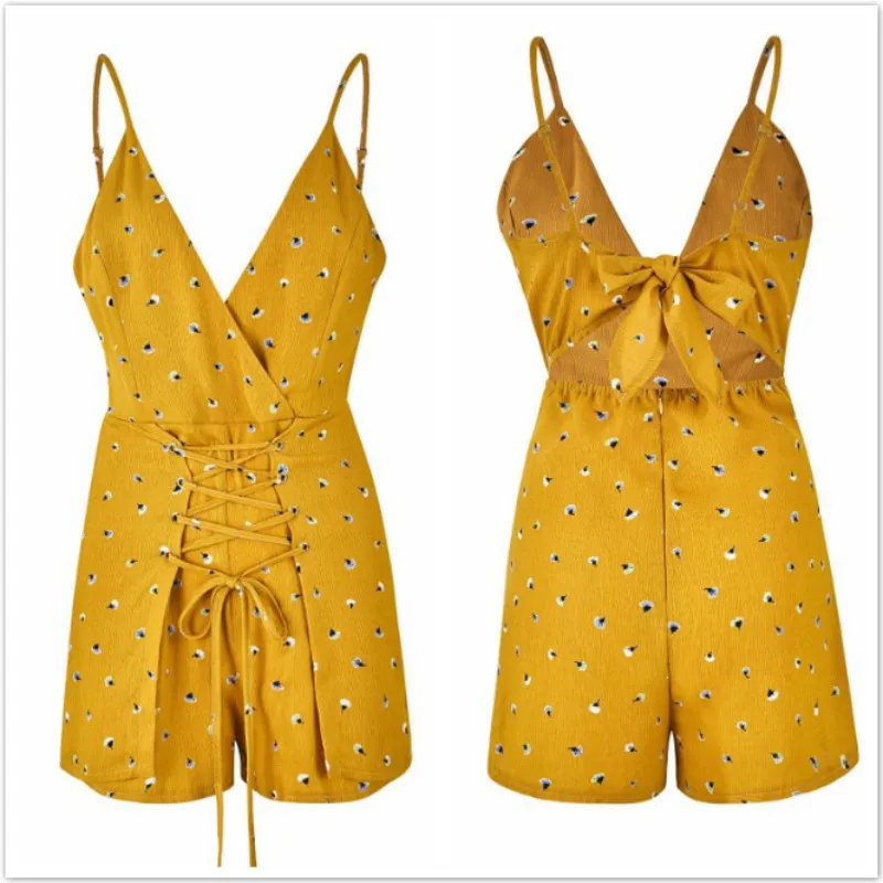 комбенизоны короткие женские 2019 желтый комбинезон с открытой спиной пляжный