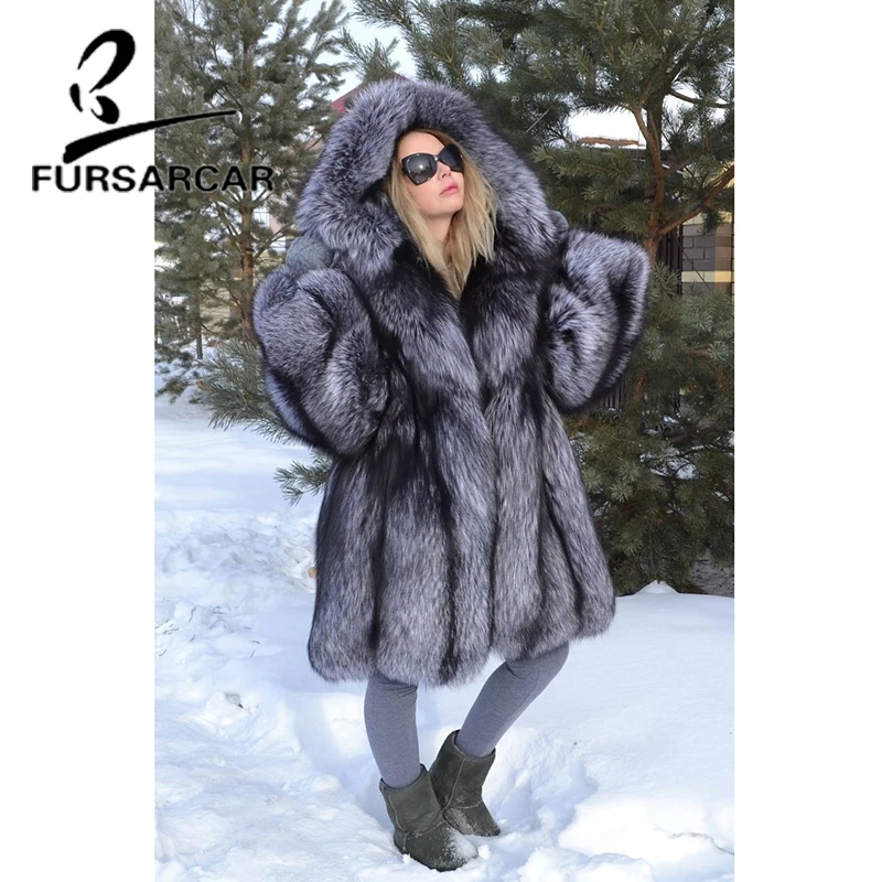 Новая зимняя женская модная Толстая длинная куртка FURSARCAR с меховым капюшоном