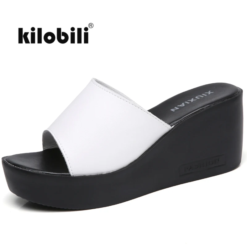 Kilobili/2018 г. летние женские кожаные тапочки сандалии обувь на танкетке платформе