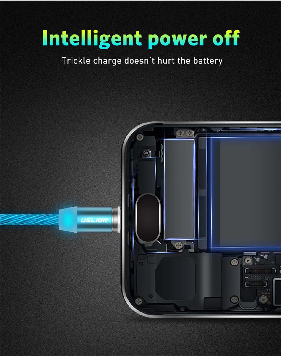 Светодиодный светящийся Магнитный usb-кабель USLION для iPhone, huawei, samsung, кабель USB type-C и зарядное устройство Micro usb для телефона, кабель-светильник