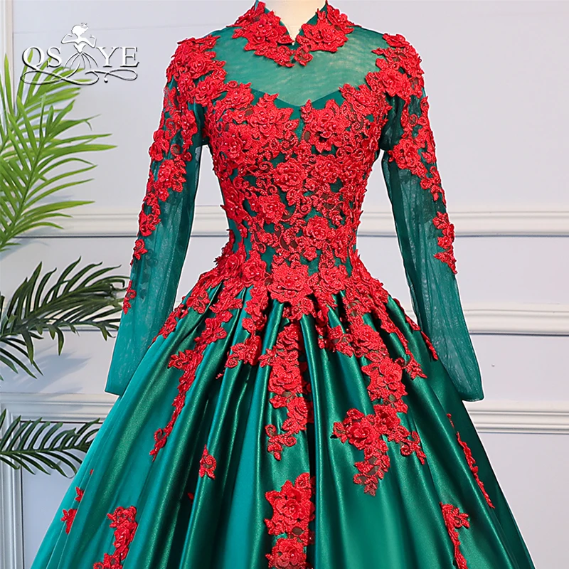 QSYYE 2019 Ball Gown Prom Dresses Red Lace with Beads Long Sleeves Green Satin Floor Length Formal Evening Dress Party Gowns | Свадьбы и