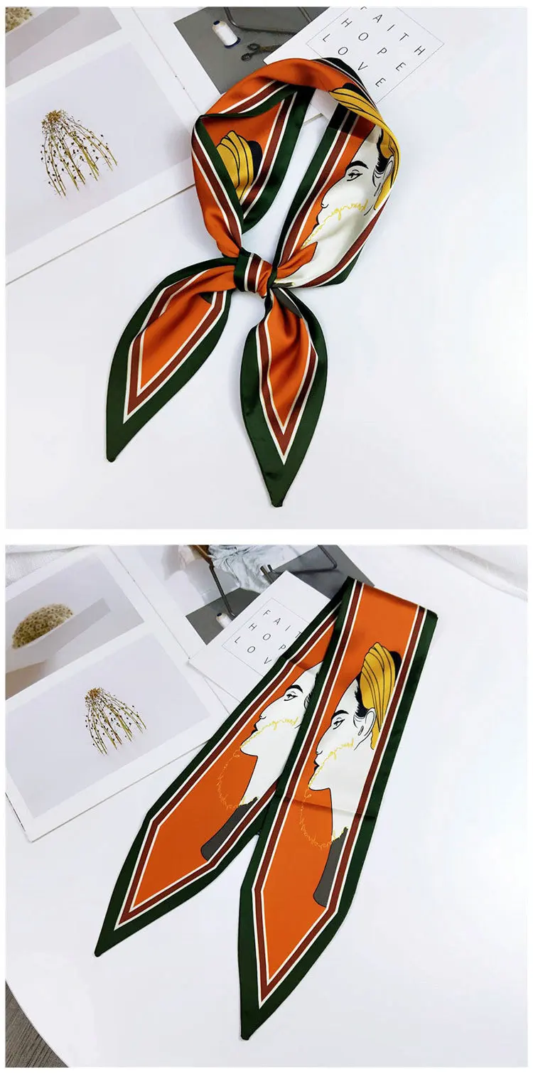 Fashion Hair Scarf For Women Neckerchief Cute Tie Wrist Ribbons Print Silk Satin Bag Scarfs Long Skinny Scarves For Ladies