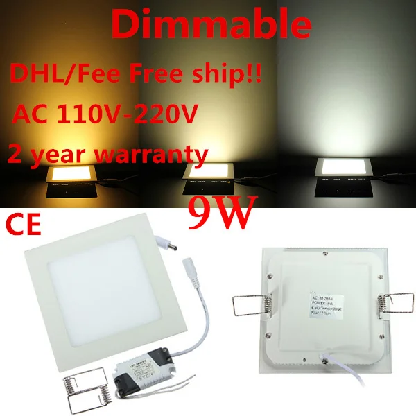 

DHL Free ship 50pcs Ultra thin design 9W LED dimmable ceiling recessed grid downlight / slim square panel light free shipping