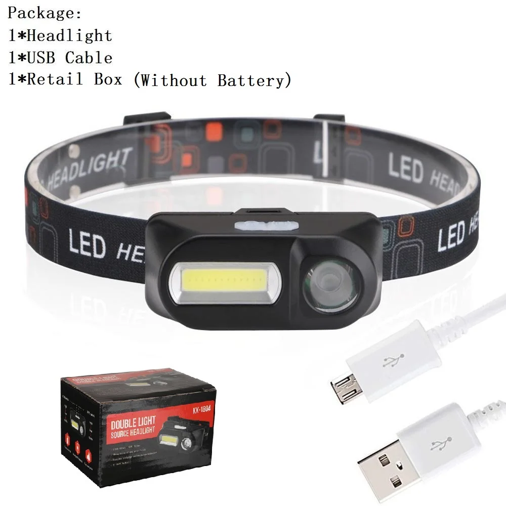 Without Battery Двойной переключатель USB перезаряжаемая фара 7 режимов 3 Вт COB светодиодный налобный фонарь Водонепроницаемый налобный фонарь для велосипеда ночной бег - Испускаемый цвет: Without Battery