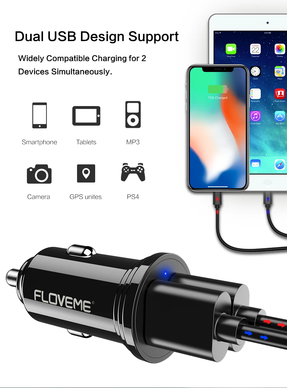 FLOVEME Dual USB Автомобильное Зарядное устройство 2.4A max автомобиль-Зарядное устройство мобильный телефон автомобильное USB Зарядное устройство Авто Зарядка для iPhone 6S samsung Xiaomi Tablet авто зарядка