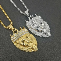 mens hip hop jewelry iced out bling gold color crown lion head pendant stainless steel necklace for men gift present