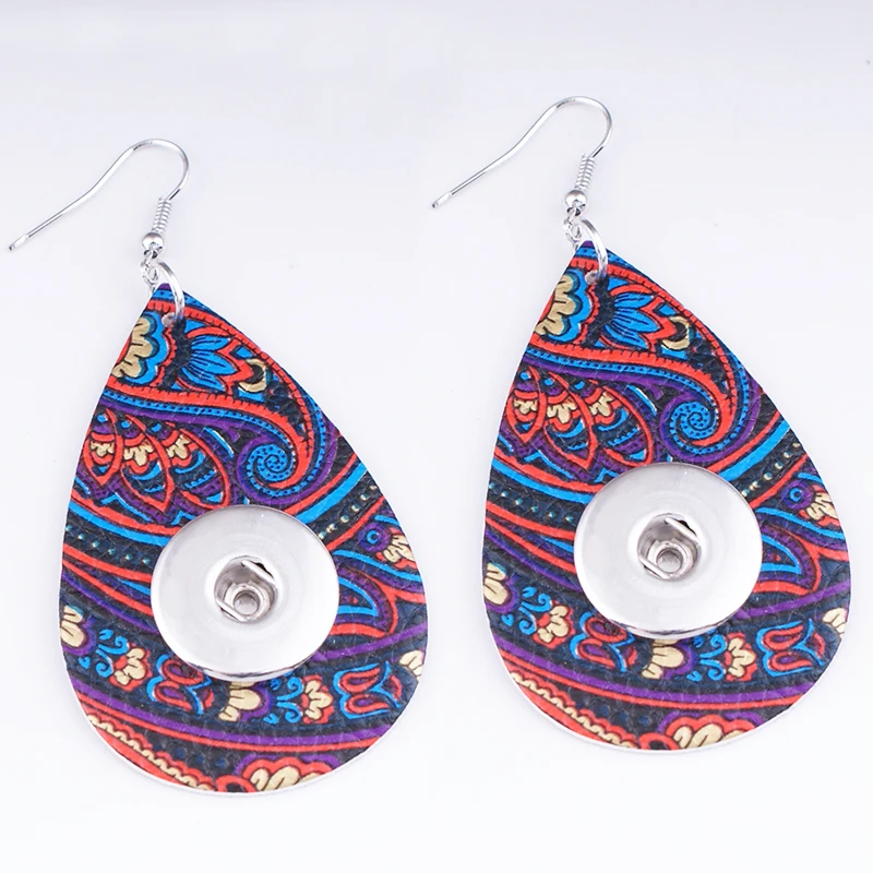 FH6222 classical Bohemia flower water drop PU Leather 18mm Snap Button Jewelry earrings European and American style | Украшения и