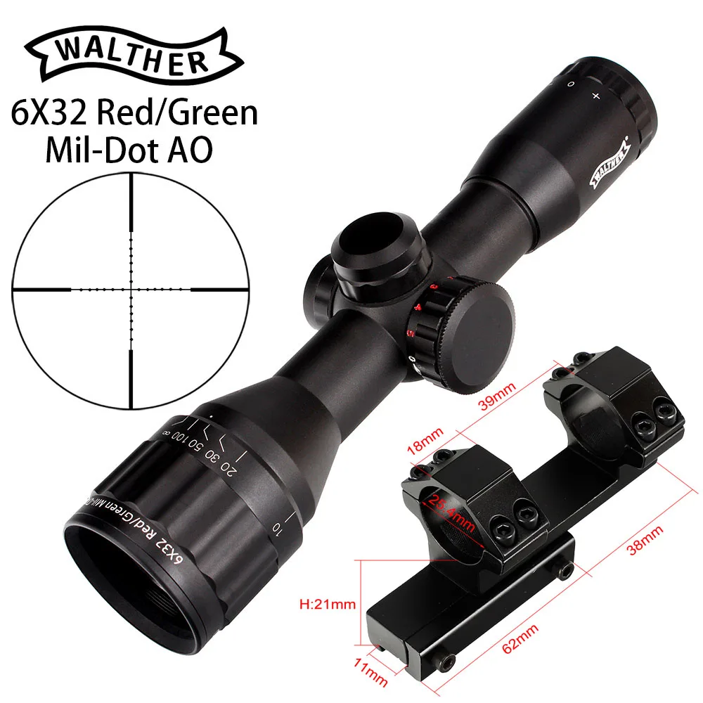 with dovetail rings WALTHER 6x32 AO Mini Mil-Dot двухцветная светящаяся сетка тактический прицел для винтовки для охоты оптический прицел - Цвет: with dovetail rings