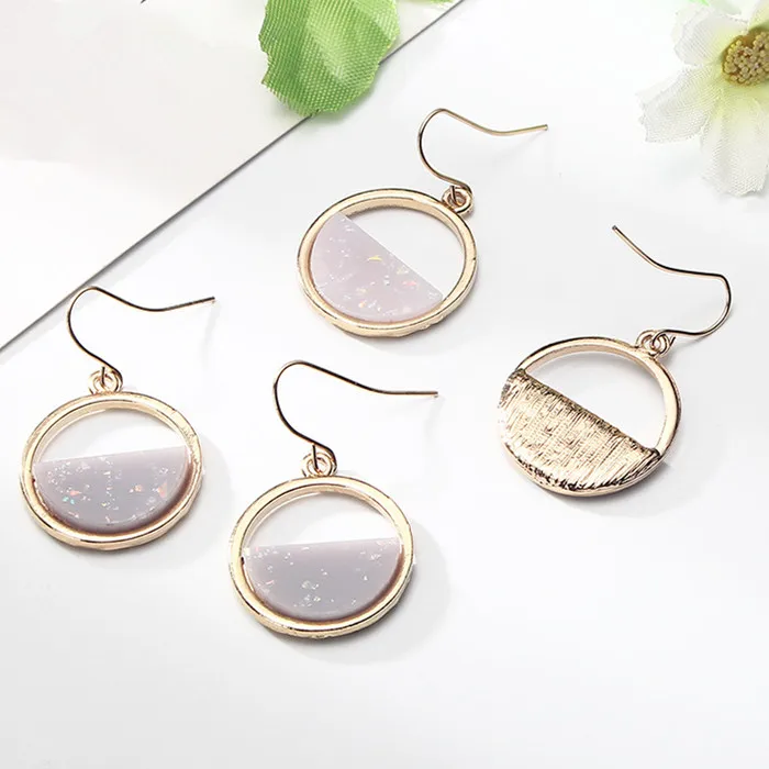 Simple hollow half round stone drop earring gold color dazzling acrylic foil dangle women girls jewelry accessories | Украшения и