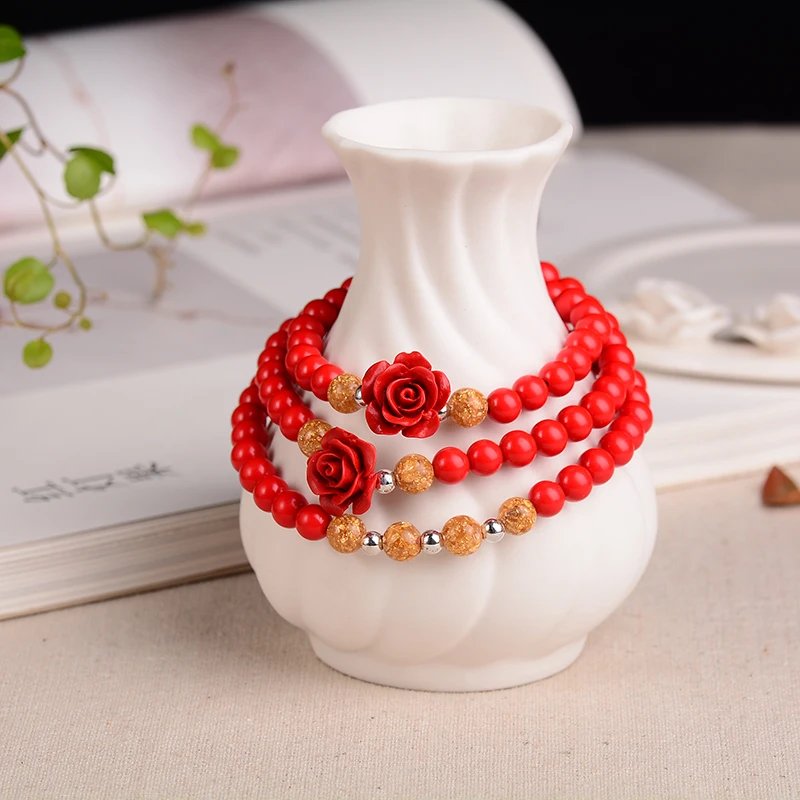 Wholesale Red Natural Cinnabar Bracelets 6mm Bead with Flower Soothe Nerves Evil Spirits for Women Beauty Jewelry | Украшения и