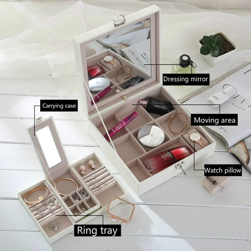 

Portable travel double leather jewelry box with large mirror cosmetics and jewelry box earrings storage box container AP12031155