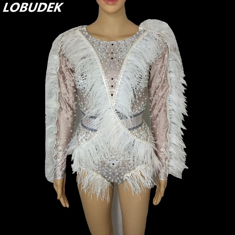 

Female Bodysuit Tights White Feathers Sleeve Crystals Crystals Jumpsuit Elastic Leotard Stage Wear DJ Singer Nightclub Costume