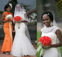 smart high neckline cap sleeves mermaid bridal dresses sweep train lace african nigerian wedding gowns