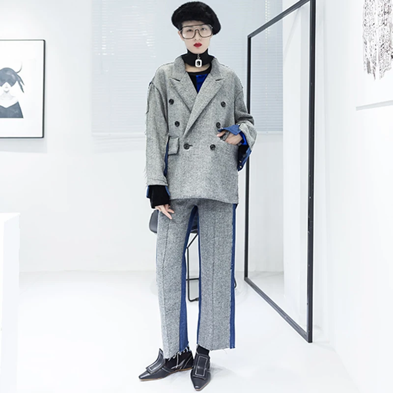 TWOTWINSTYLE шерстяной Блейзер Костюмы Женский лоскутный деним двубортный воротник с
