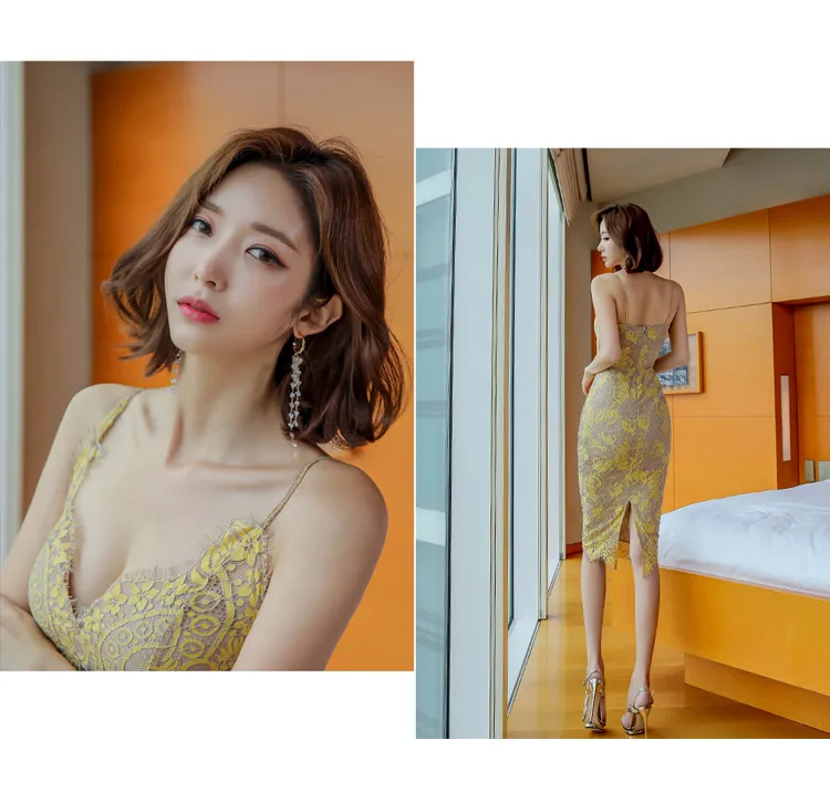 Sexy Embroidered Floral Lace Dresses Women Spaghetti Strap V-neck Bodycon Dresses Office Lady Lace Midi Dress M19071122