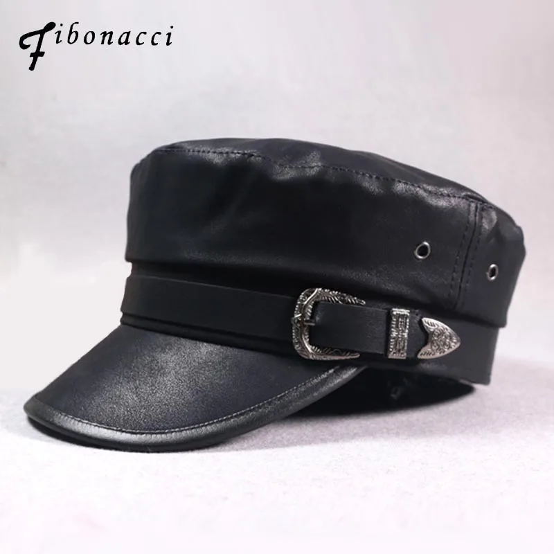 Модная Военная Кепка Fibonacci для женщин Весенняя пряжка ремня плоская шляпа из ПУ