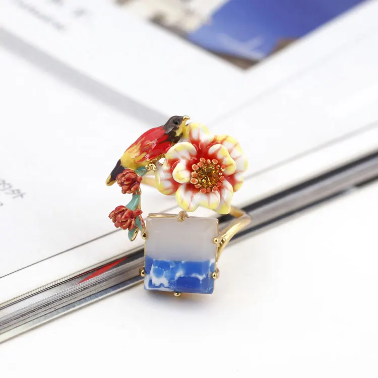 Bloom Peony Bird Gradient Colorful Stone Inlay Ring For Woman Adjustable Size Birthday Gift Jewellery anillos | Украшения и