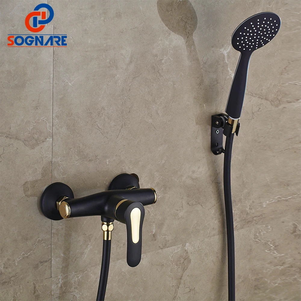 

SOGNARE Bathroom Fixtures Shower Faucets Set Black With Golden Faucets-exposed Shower Tap Wall Mounted Bathtub Faucet Taps D5104