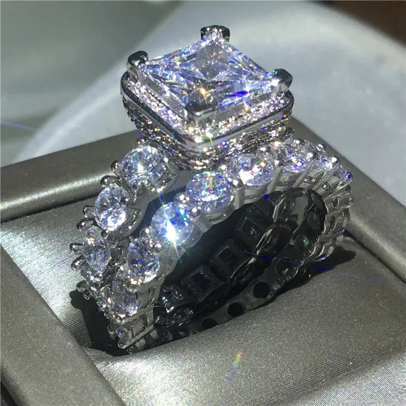 

Vintage Engagement Wedding Band Rings set for women men AAAAA zircon cz White Gold Filled ring Bridal Jewelry Gift