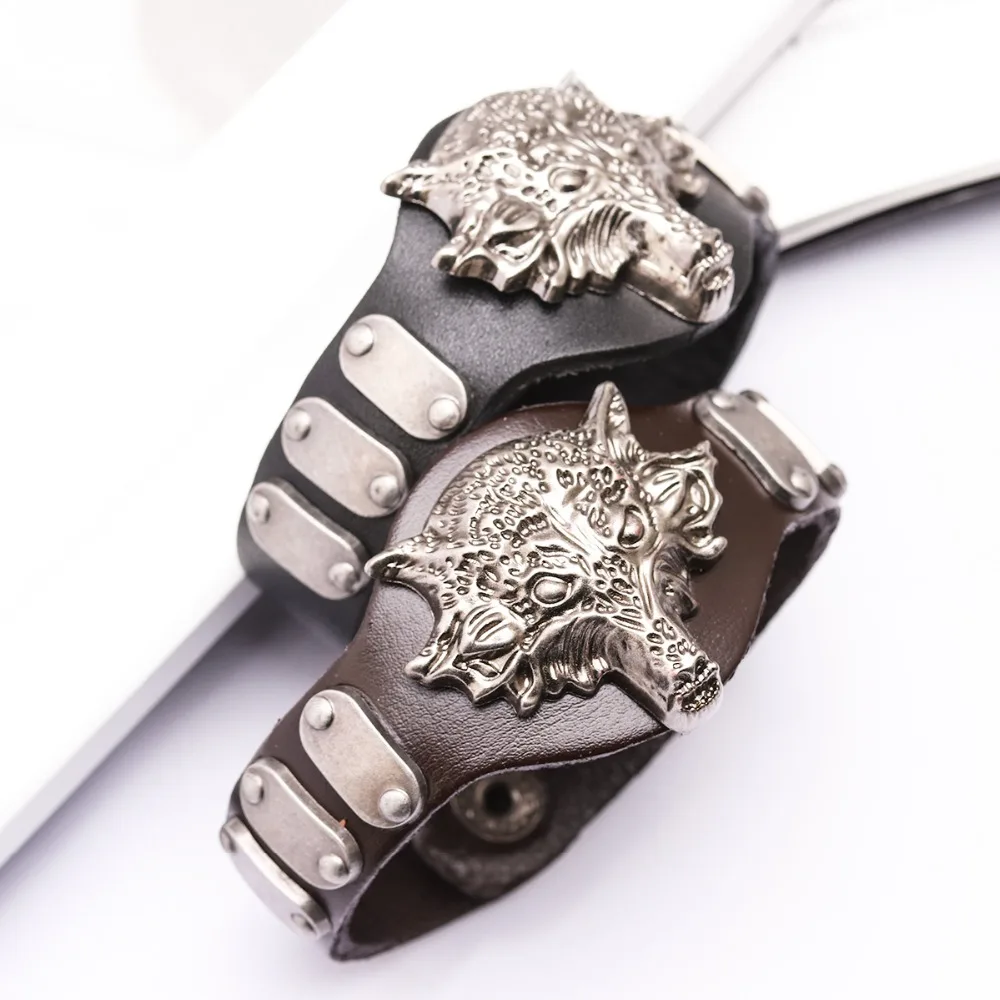 XINYAO 2019 Geunine Leather Charm Wolf Bracelet Punk Style Black Cuff Bangle Male Gothic Spike Jewelry Best Gift | Украшения и