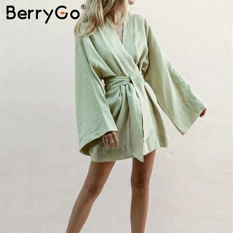Женское платье-кимоно BerryGo хлопковое белое Повседневное платье с длинным рукавом