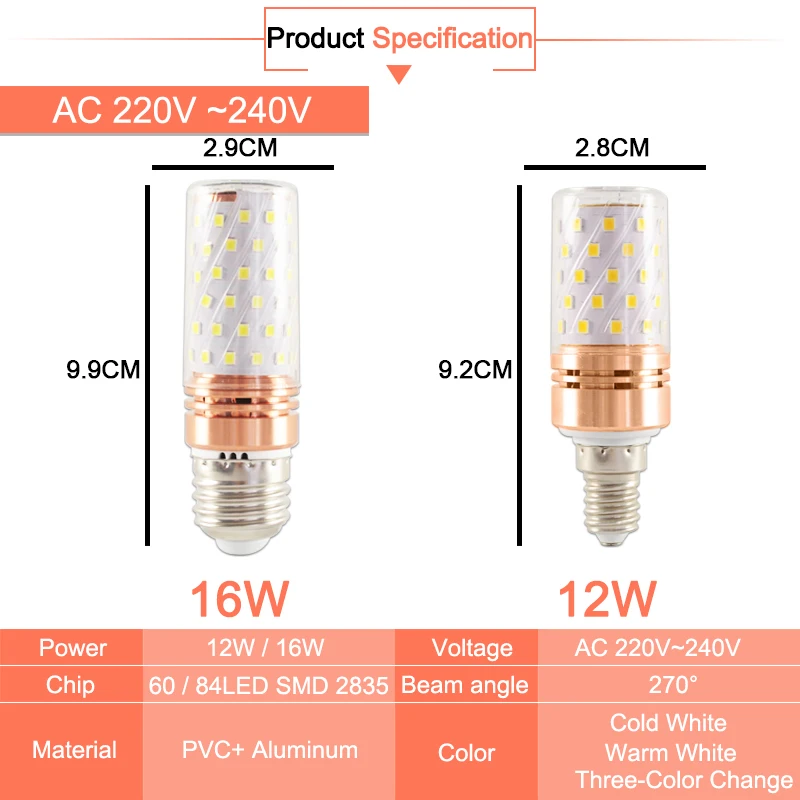 Светодиодный светильник E27 E14 3 Вт 6 9 12 16 SMD2835 AC 220 В 240 в светодиодный лампочка