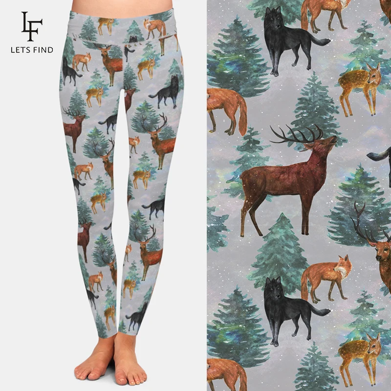 LETSFIND New Design Women Elastic Leggings High Waist 3D Animals Milu Deer&fox&dog Print Milk Silk Trousers Movement Leggings