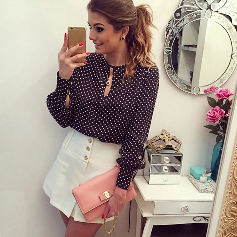 Женская шифоновая блузка в горошек Повседневная Блузка с круглым вырезом и