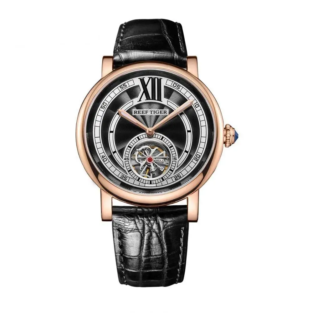 Reef Tiger/RT бренд Tourbillon часы мужские 316L сталь автоматические Аналоговые часы из натуральной кожи ремешок RGA192 - Цвет: RGA192-PBB