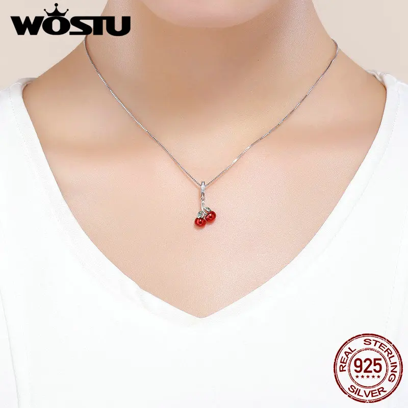 WOSTU, высокое качество, настоящая 925 пробы, серебро, красная вишня, подвеска, талисманы, подходят к оригиналу, женский браслет, ожерелье, 925, ювелирное изделие, CQC784