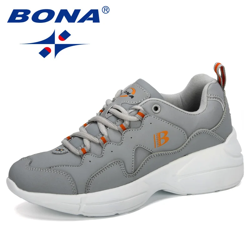 Light gray BONA New Fashion Style Platform Sneakers Ladies Brand Chunky Causal Shoes Woman Leather Leisure Shoes Chaussure Femme Comfy - Цвет: Light gray