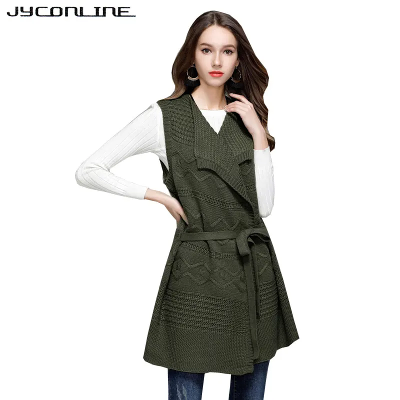 

JYConline Turn-down Collar Long Cardigan Women Sleeveless Vest Knitted Sweater Autumn Warm Cardigan Coat Female Sashes Waistcoat