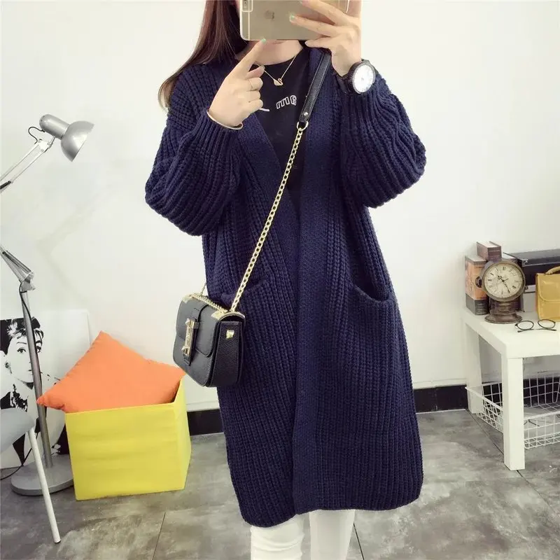 

Women Winter Long Cardigans Open Stitch V neck Pocket Knitted Sweaters OverSized Sweater woman's sweater