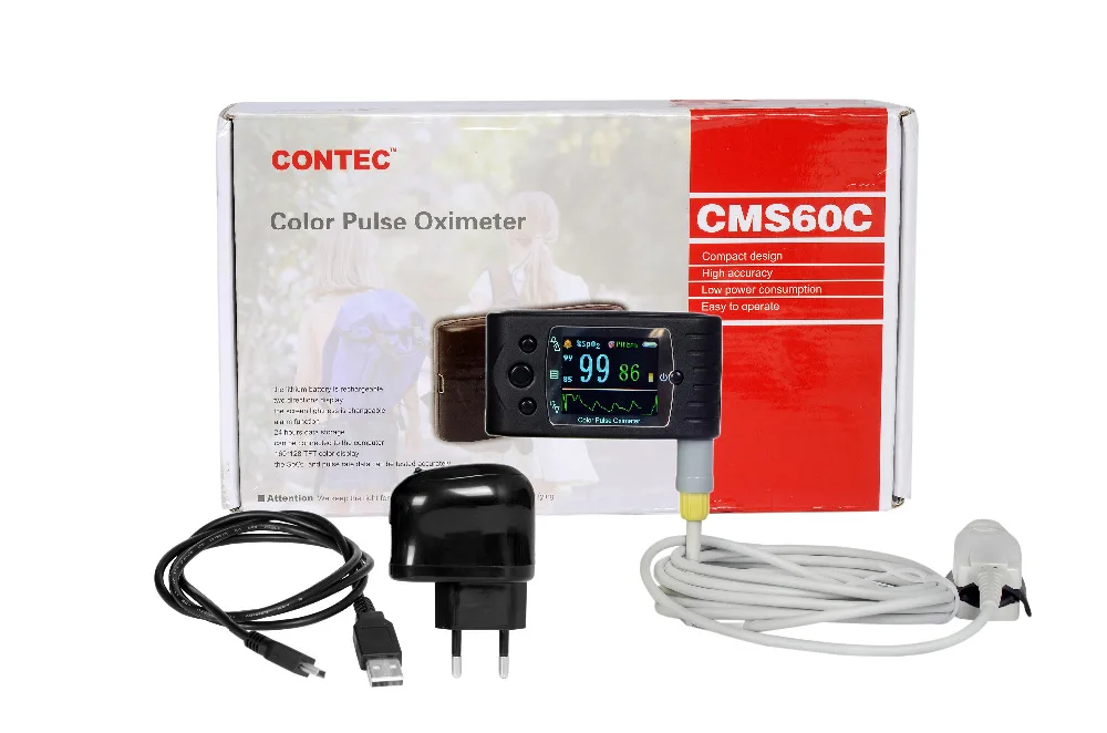Цветной Пальчиковый пульсоксиметр CMS60C SPO2 2 датчика + сигнализация USB программное
