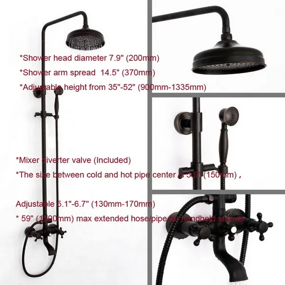 

Black Oil Rubbed Brass Wall Mounted 8" Bathroom Rain Shower Faucet Set Bath Tub Mixer Tap with Hand Shower Chg040