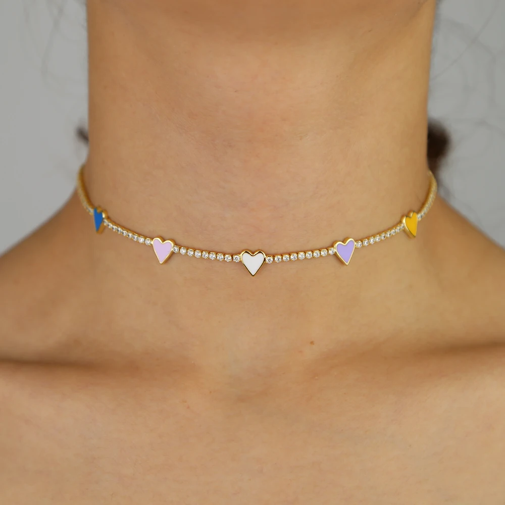 2021 summer gift women jewelry tennis cz choker thin chain rainbow heart charm white pink yellow purple colorful necklace | Украшения и