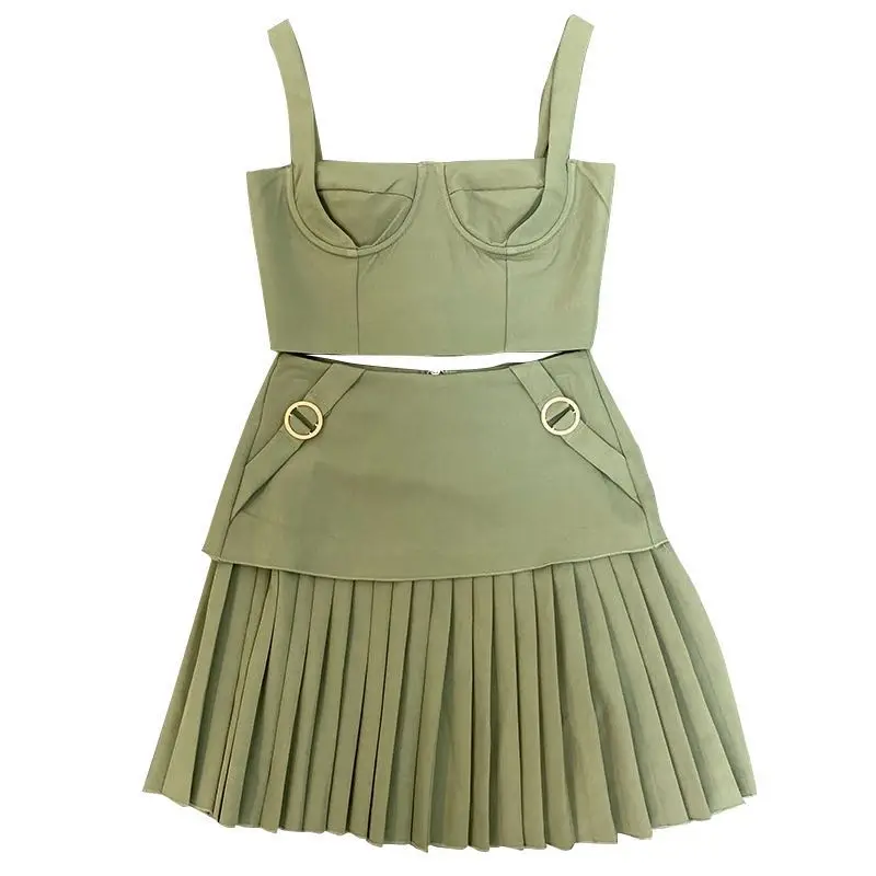 2019 модный сексуальный топ-майка + плиссированная юбка с металлической пряжкой и