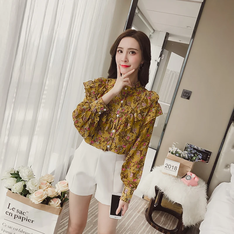 Женская шифоновая блузка с принтом Весенняя Повседневная Блузка длинным рукавом