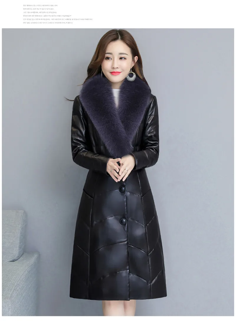 New Fashion Autumn Winter Women Leather Jacket Slim Parka Overcoat Female Faux Fur Collar Plus Size Long Fur Coats A1362