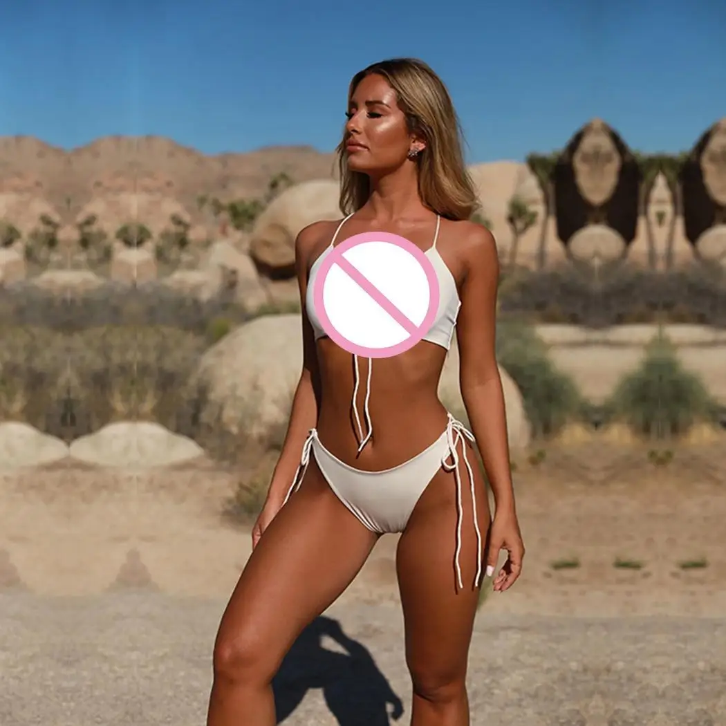 Женский купальник на бретельках с бретельками шее однотонное пляжное Лето